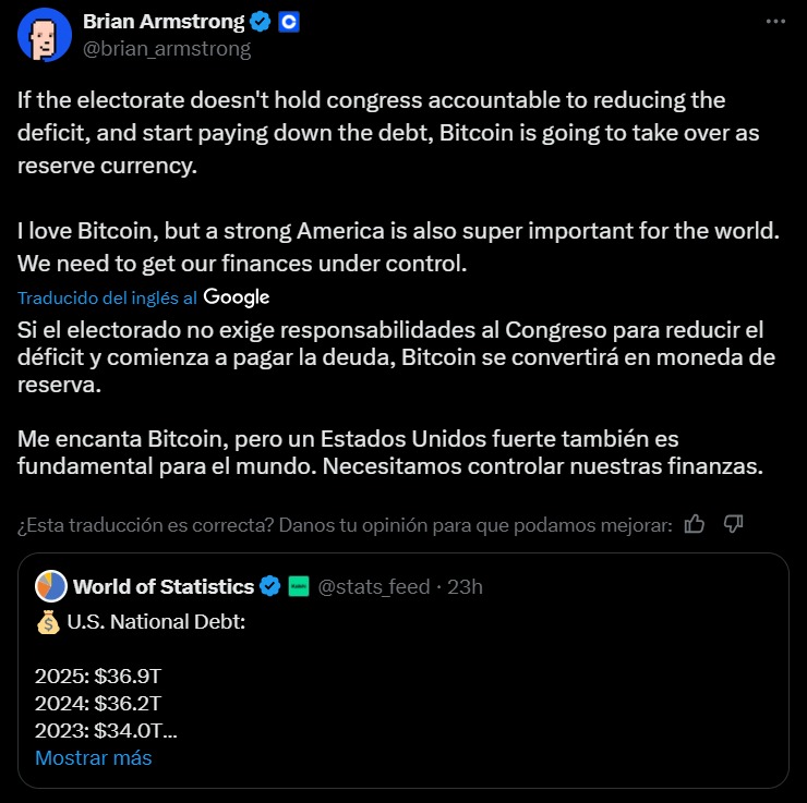 “Bitcoin will become a reserve currency, if the US does not pay the debt”: CEO de Coinbase