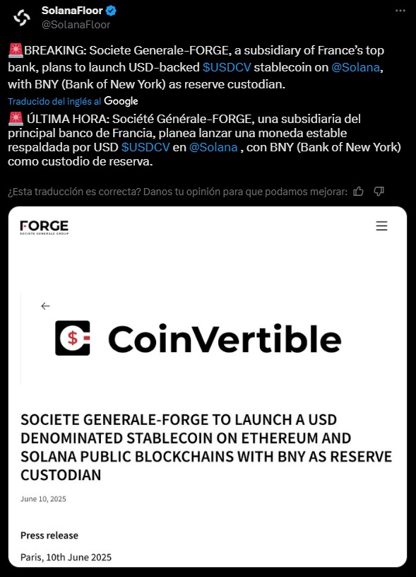 Société Générale will launch a stablecoin in Ethereum and Solana